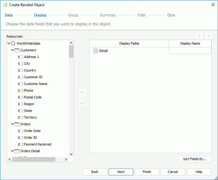 Create Banded Object wizard - Display
