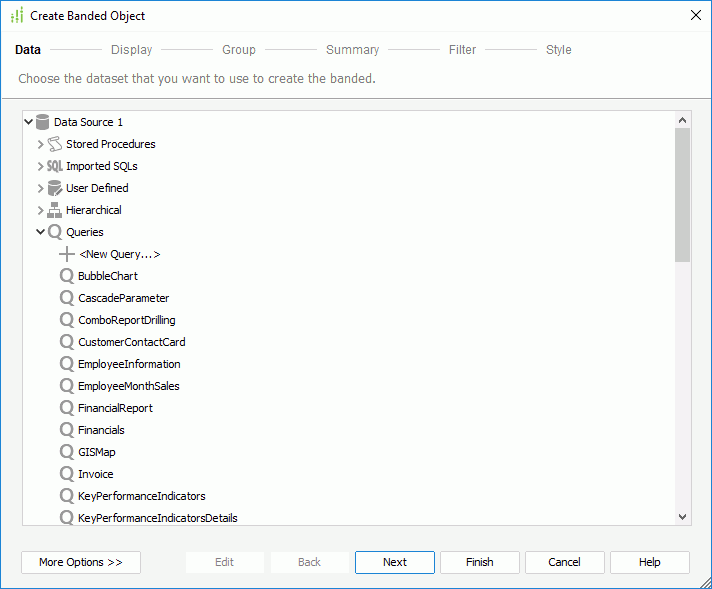 Create Banded Object wizard - Data