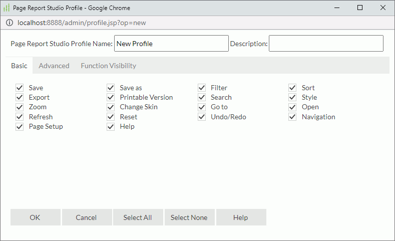 Page Report Studio Profile dialog box - Basic tab
