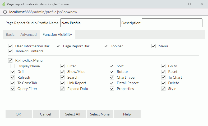 Page Report Studio Profile dialog box - Function Visibility tab