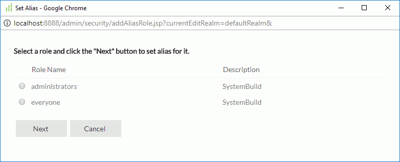 Set Alias dialog - Select Role/Group/User