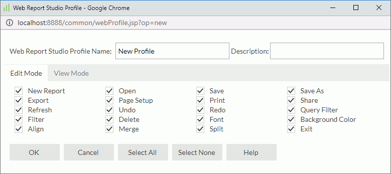 Web Report Studio Profile dialog